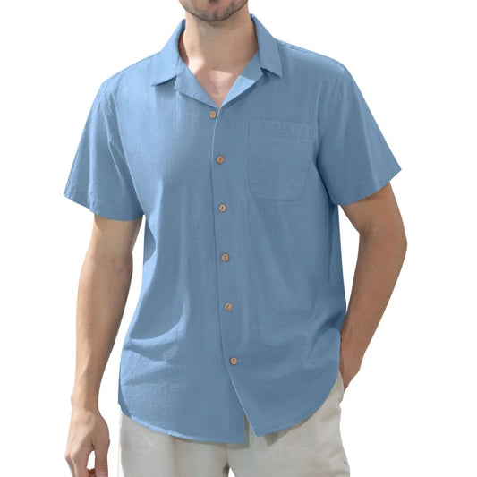Men'S Linen Shirts Short Sleeve Hawaiian Button down Shirt with Pocket