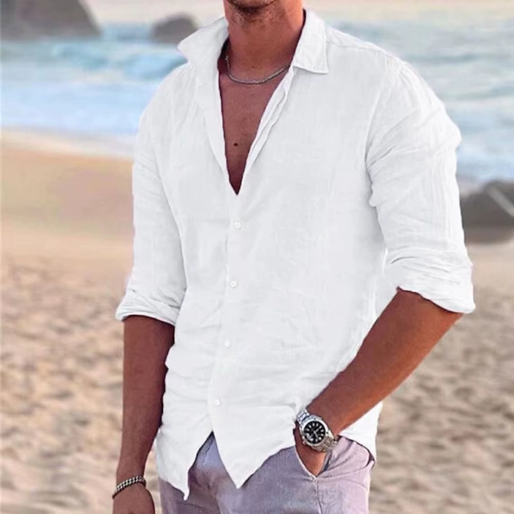 2024 New Men'S Shirt Cotton Linen Fashion Casual Polo Neck Beach Shirt Long Sleeve Solid Hawaiian Holiday Shirts