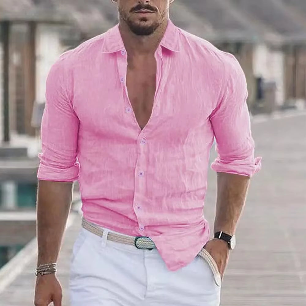 2024 New Men'S Shirt Cotton Linen Fashion Casual Polo Neck Beach Shirt Long Sleeve Solid Hawaiian Holiday Shirts