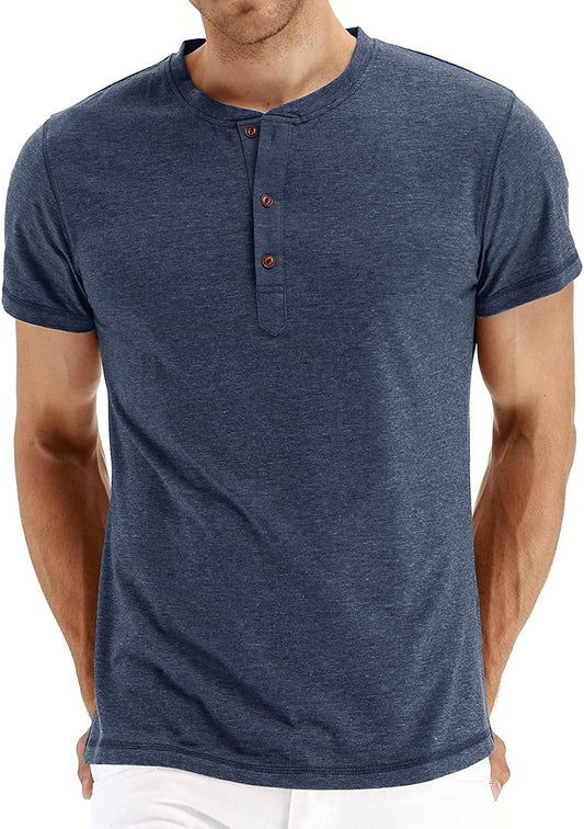 Mens Henley Short Sleeve T-Shirt Cotton Casual Shirt