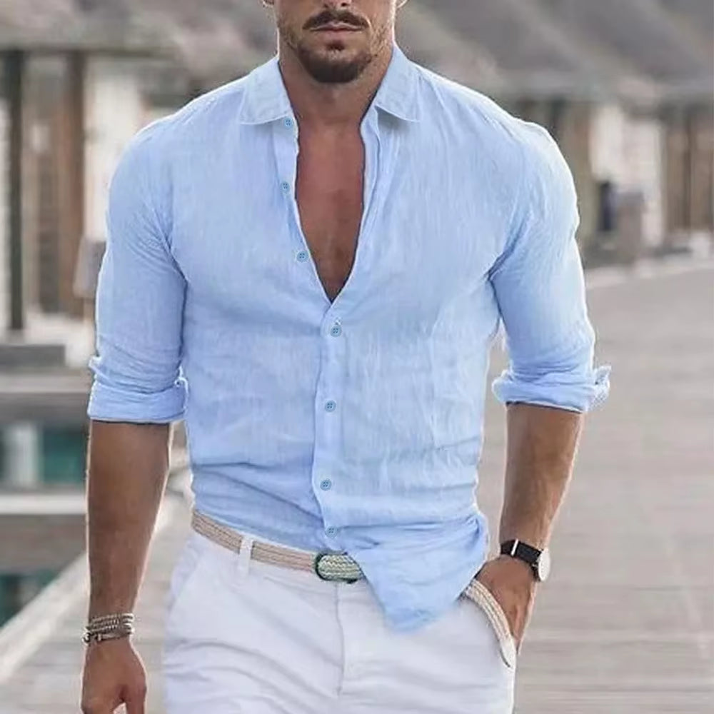 2024 New Men'S Shirt Cotton Linen Fashion Casual Polo Neck Beach Shirt Long Sleeve Solid Hawaiian Holiday Shirts