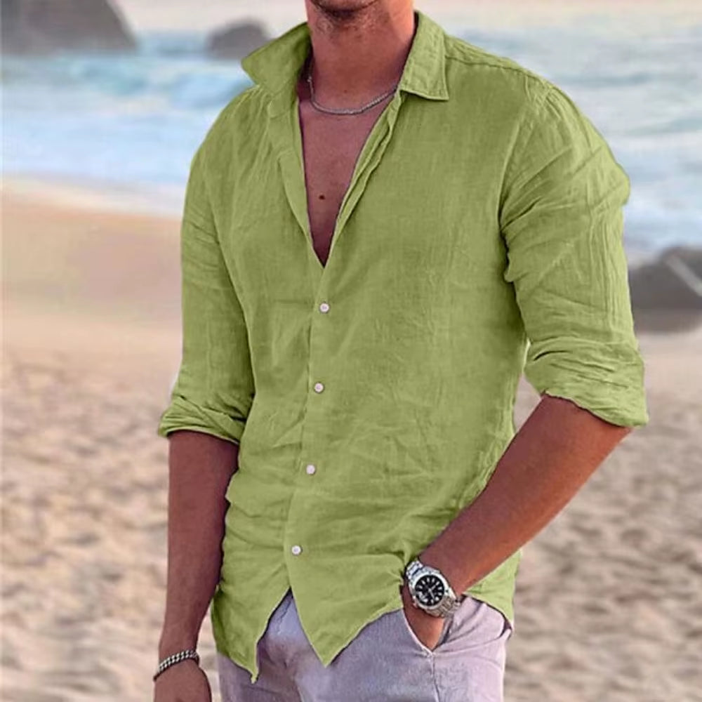 2024 New Men'S Shirt Cotton Linen Fashion Casual Polo Neck Beach Shirt Long Sleeve Solid Hawaiian Holiday Shirts