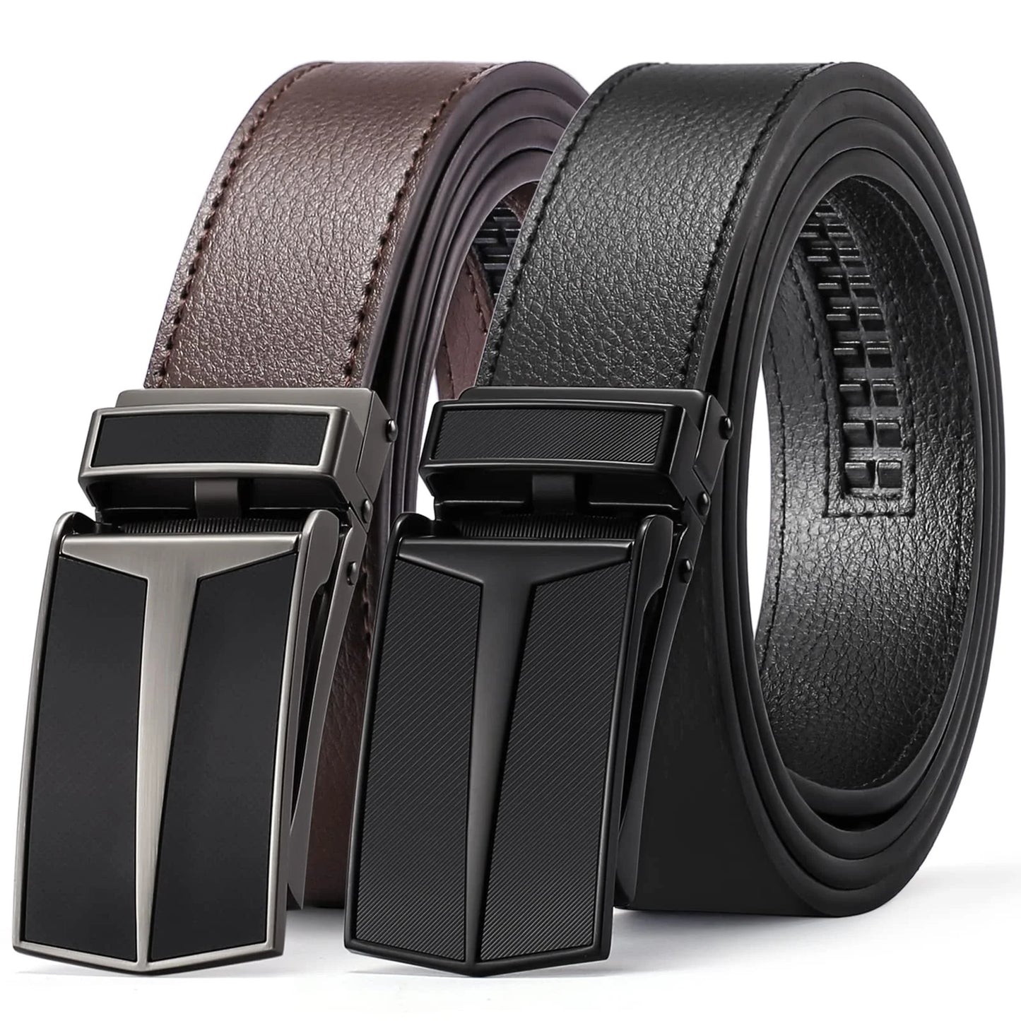 2 Pack Ratchet Belt for Men,Mens Leather Belt in Gift Set Box for Dress Casual,Size Adjustable Trim to Fit